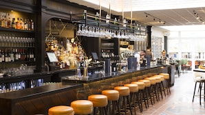 A bar area with a long counter, multiple stools, and shelves stocked with bottles and glasses. - Iveagh Garden Hotel (Dublin)