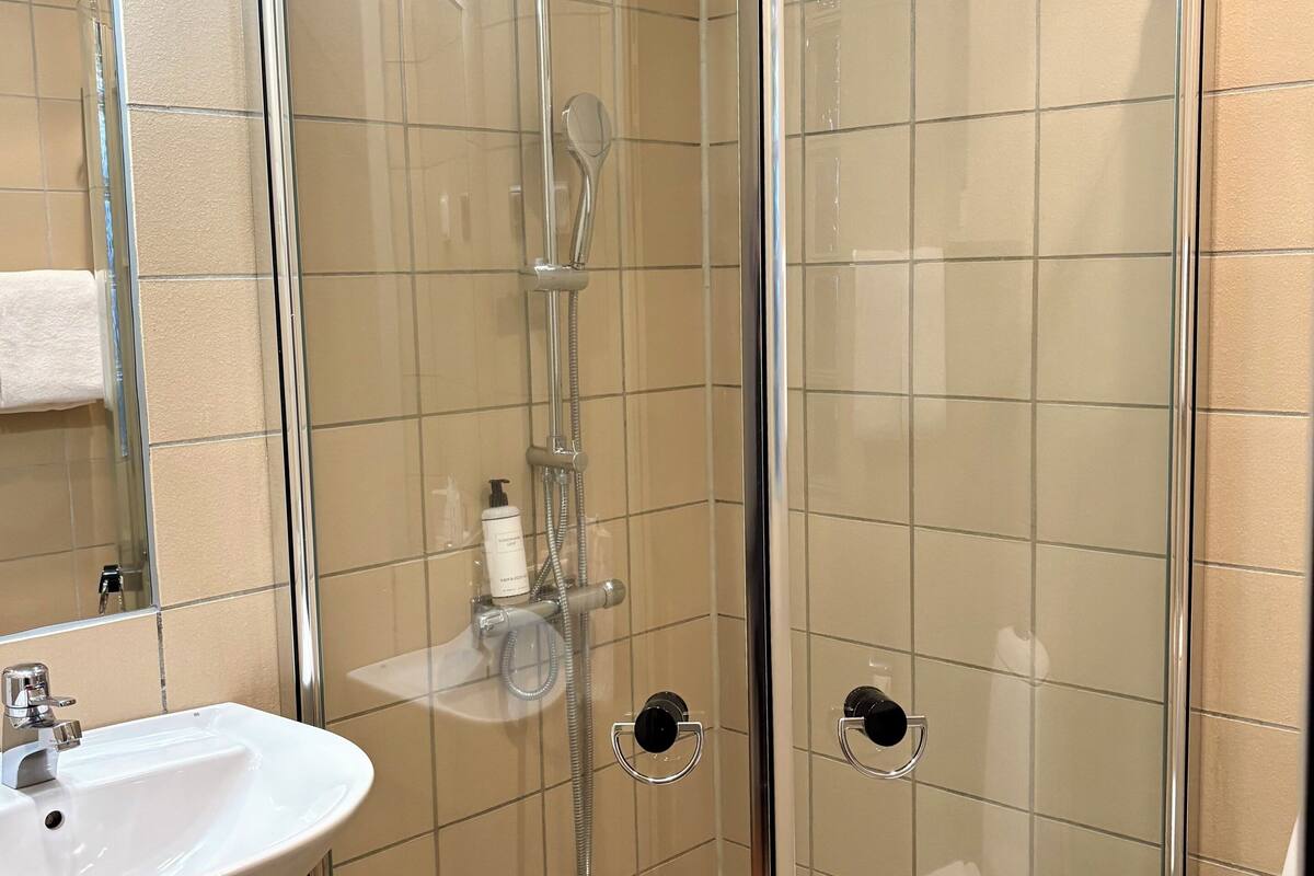 standard double room, balcony, ocean view | bathroom | shower, designer toiletries, hair dryer, towels