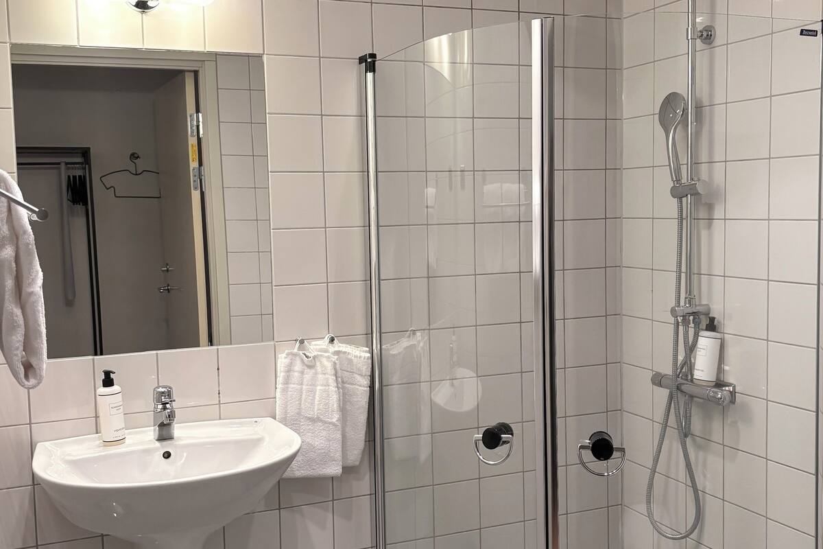 shower, designer toiletries, hair dryer, towels