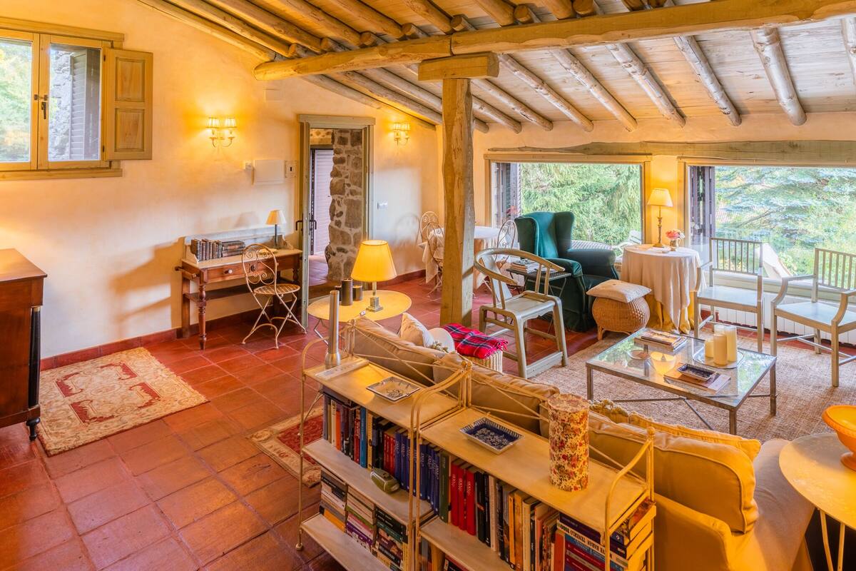 Una habitación acogedora con techo de madera, una estantería, un escritorio y una zona de estar confortable con vistas a zonas verdes.