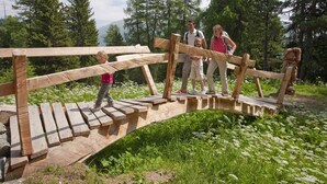 A wooden bridge in a forested area with people crossing it. - Hotel Rosatsch Sleep Only (Pontresina)