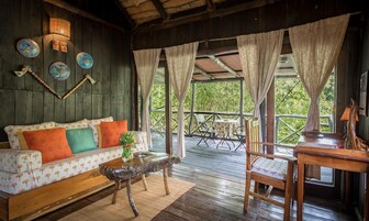 A rustic wooden room with a sofa, a small table, and a chair. There are curtains and a view of greenery outside.