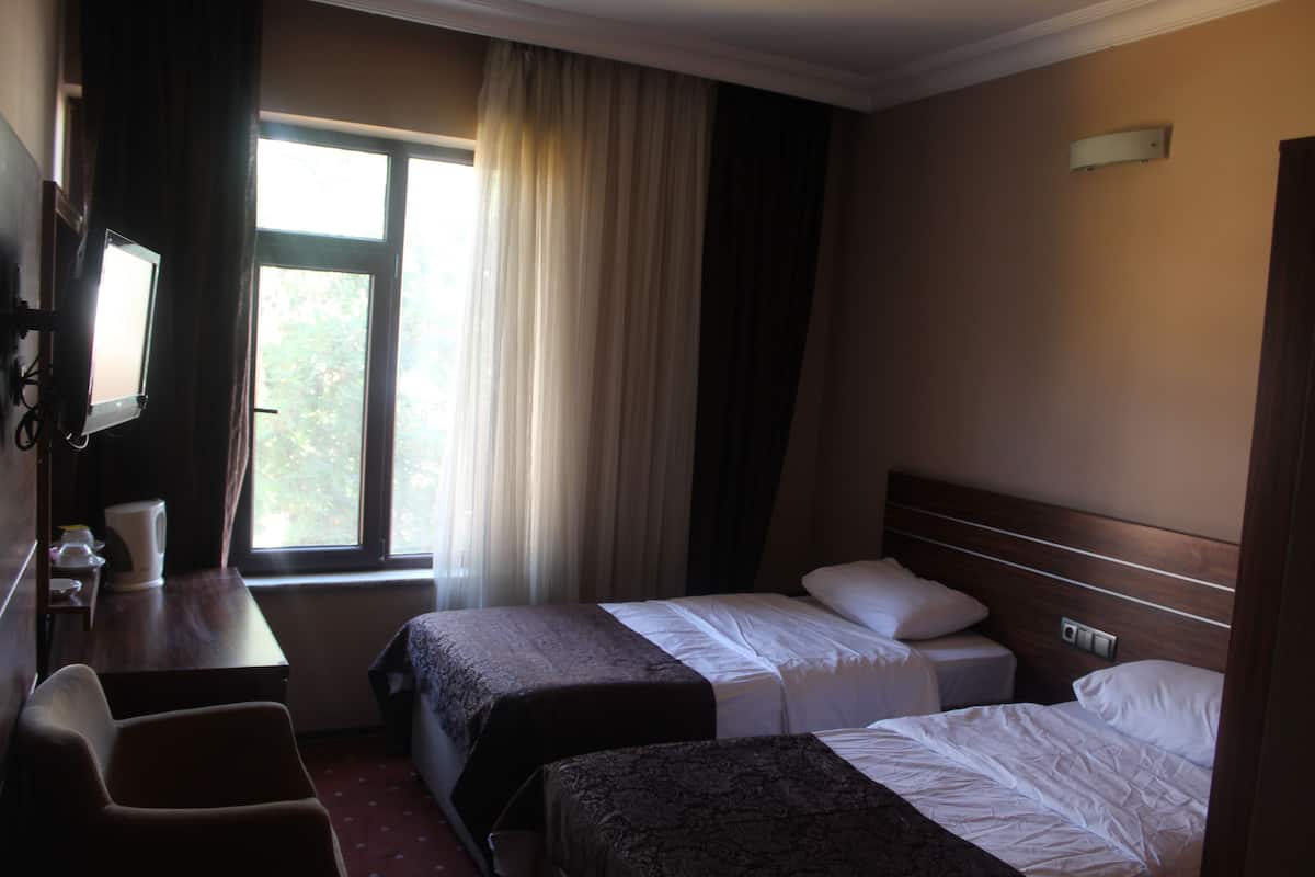 Une chambre d’hôtel avec deux lits, un bureau avec une chaise, une télévision et une fenêtre avec des rideaux.
