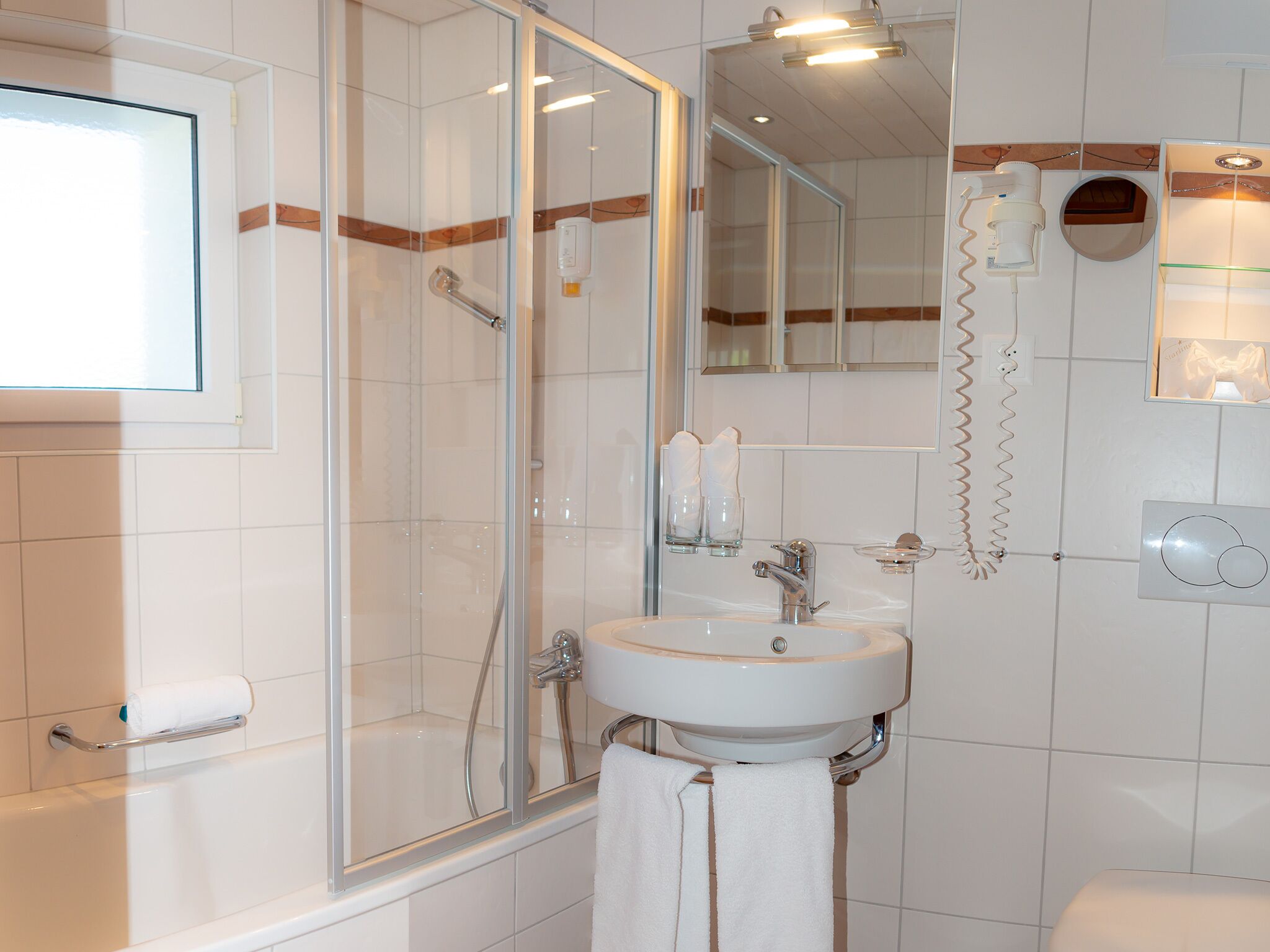 free toiletries, hair dryer, towels