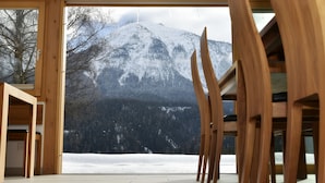 A room with a view of a snow-covered mountain and trees. - Hotel Panorama (Scuol)
