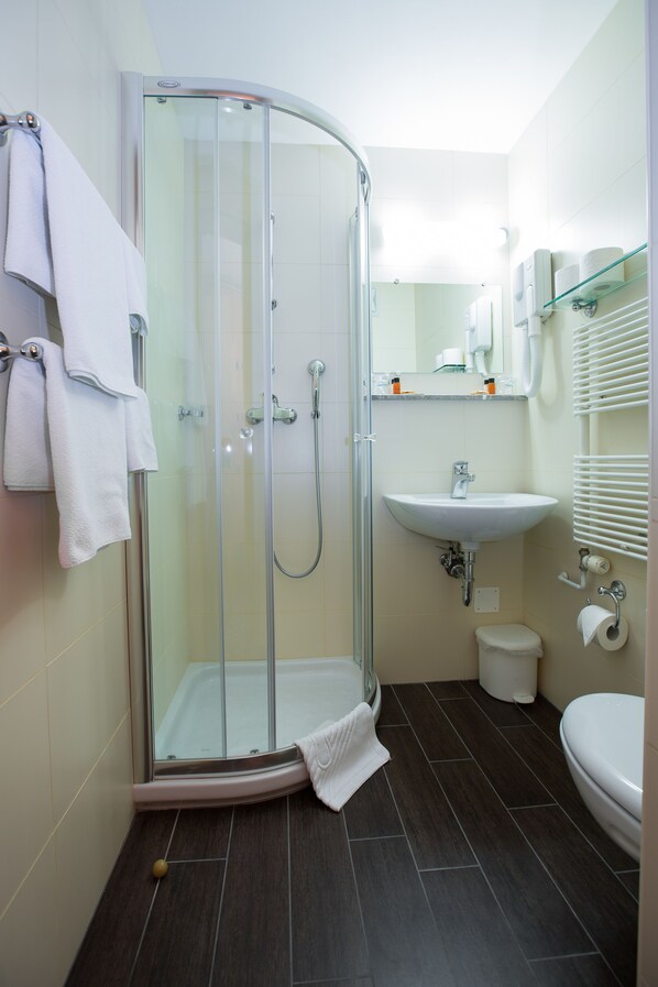 A modern bathroom with a glass shower enclosure, a sink, and a toilet.