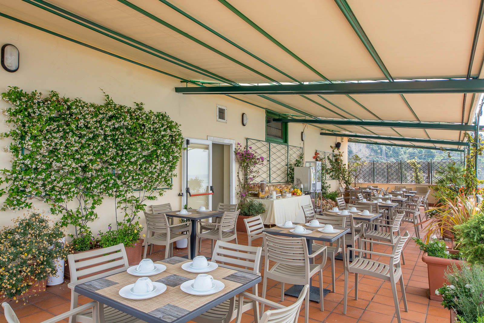 Un patio al aire libre con mesas y sillas, cubierto por una marquesina, rodeado de plantas en macetas y enredaderas.