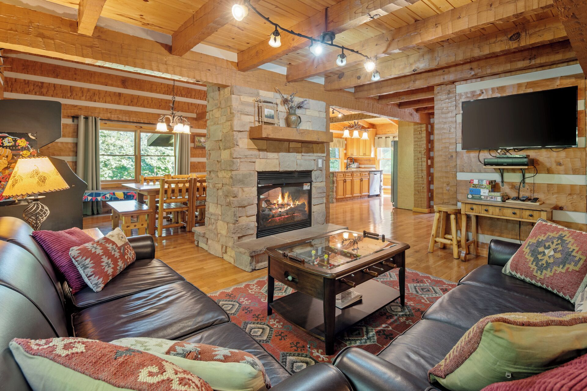 Smart TV, fireplace, foosball