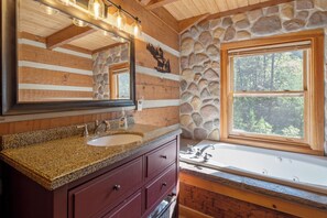 Shower, jetted tub, free toiletries, hair dryer