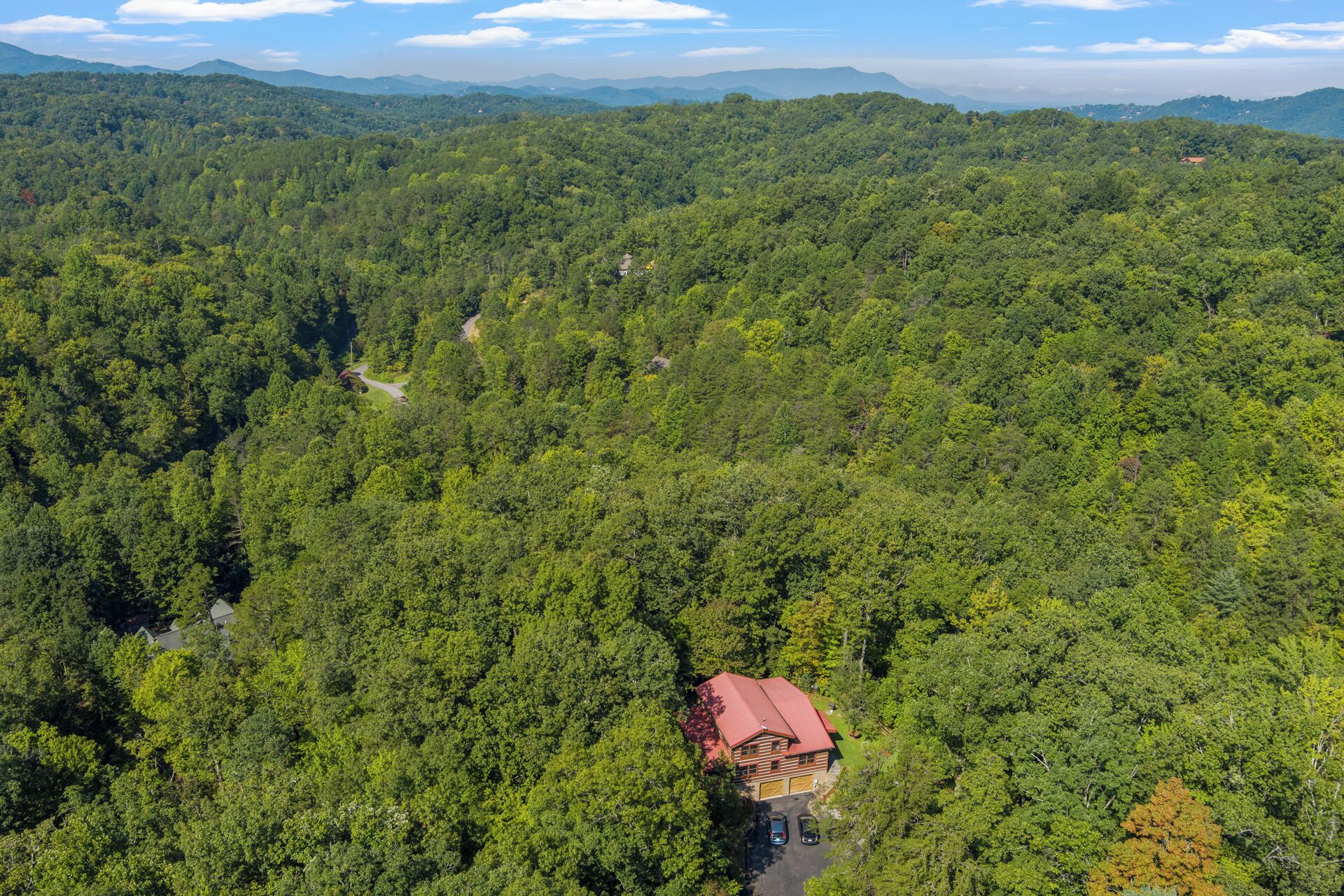 A cabin surrounded by dense forest with a clear sky.