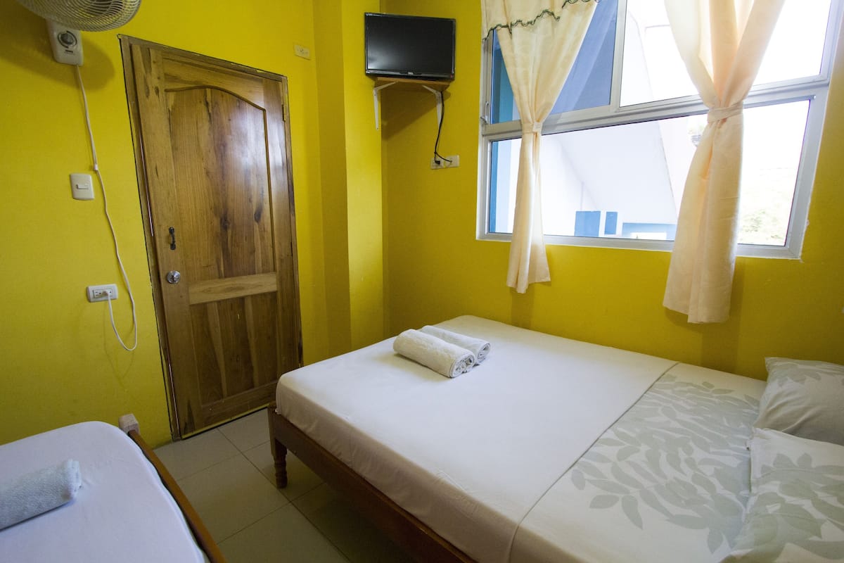 A room with a bed, a wooden door, a television mounted on the wall, and a window with curtains.
