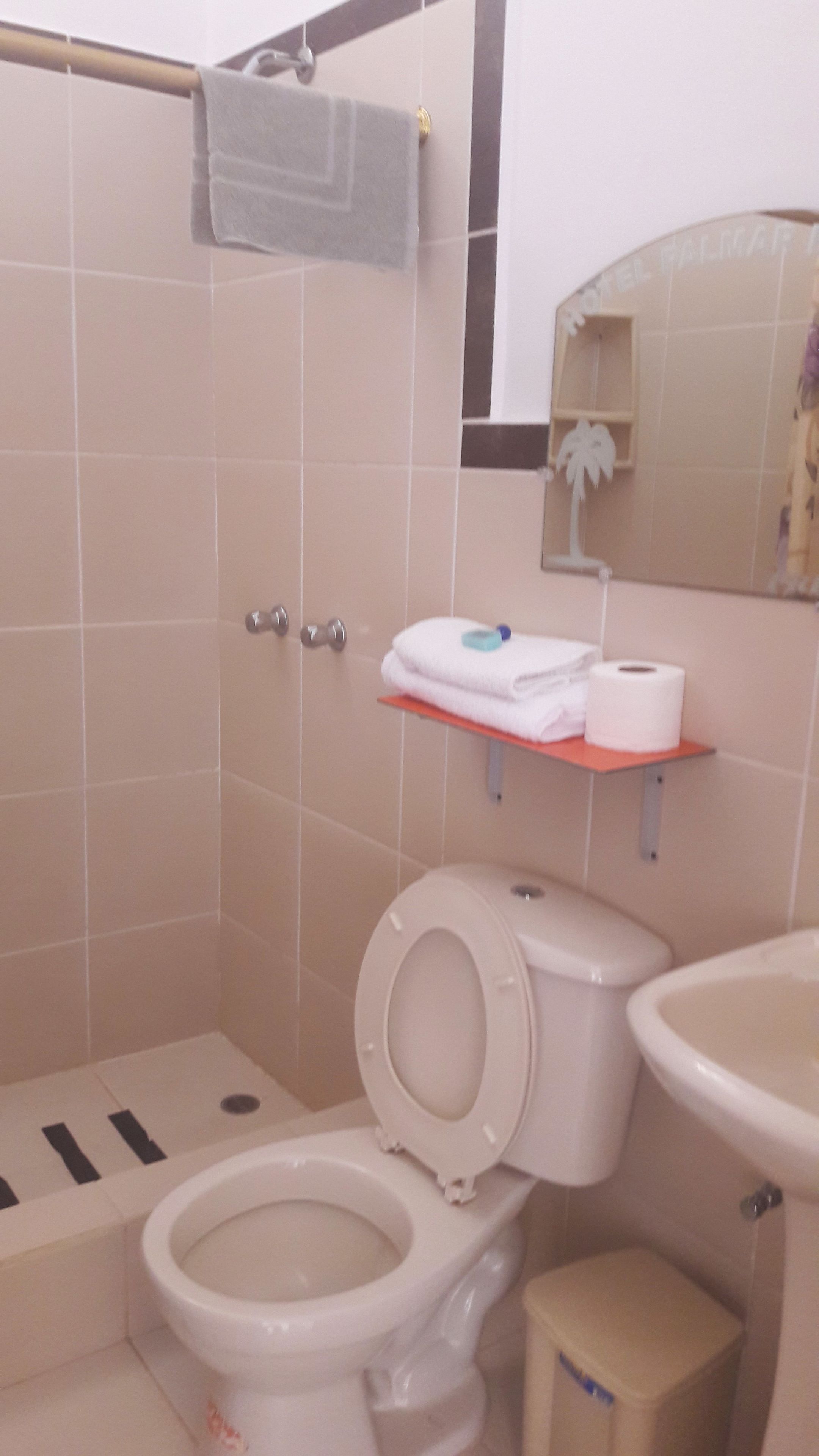 Un baño con inodoro, lavamanos y zona de ducha.