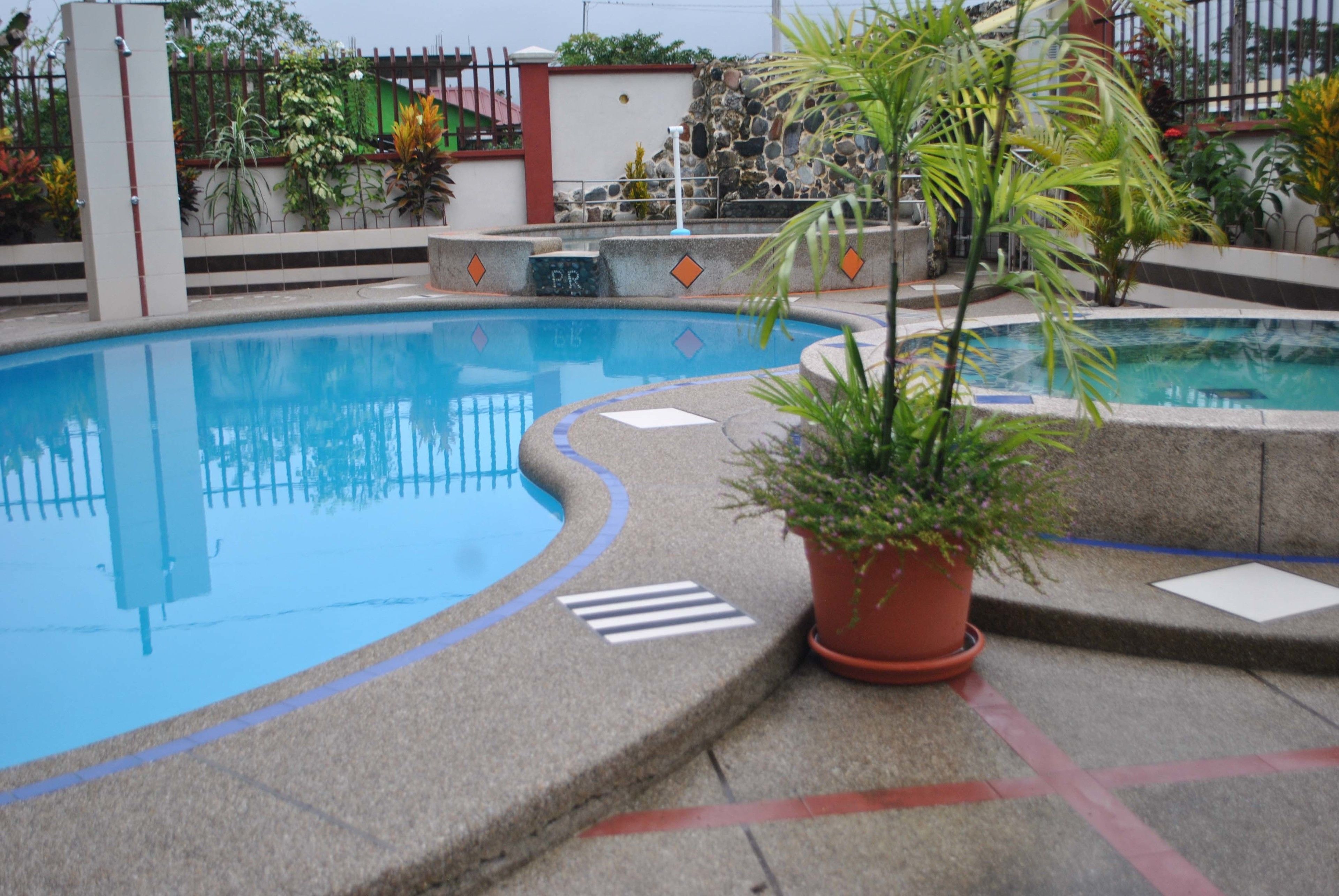 A swimming pool with a tiled deck, surrounded by potted plants and a stone wall.