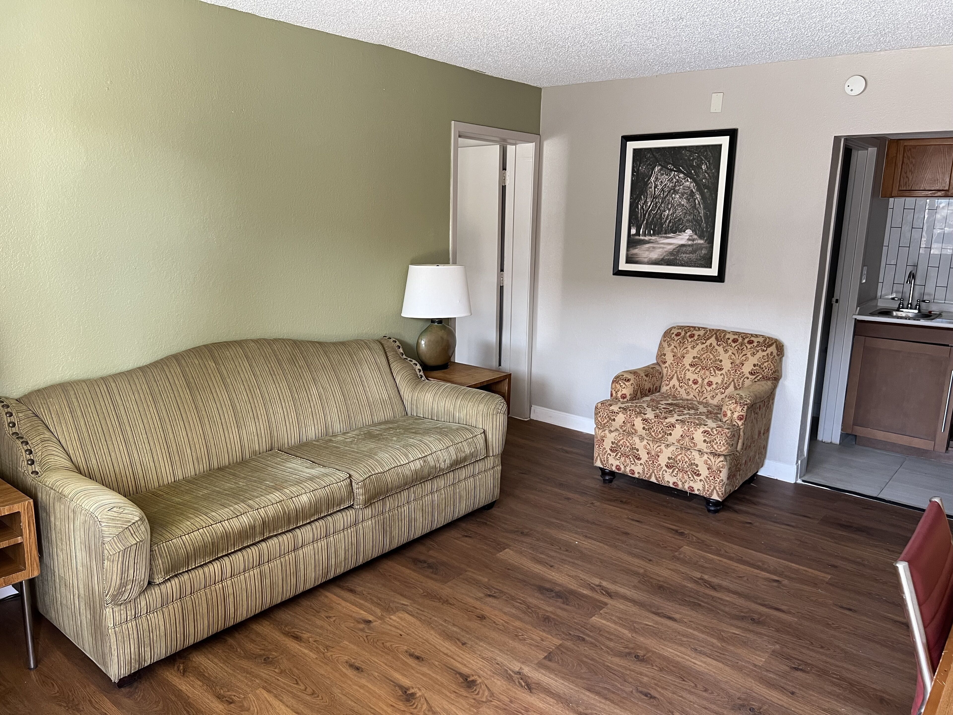 A living room with a striped sofa, a patterned armchair, a lamp, and a framed picture on the wall.