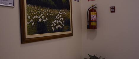 A hallway with a framed painting of a forest, a fire extinguisher, and a potted plant.