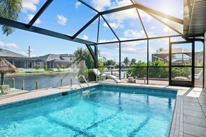 Outdoor pool, pool umbrellas, pool loungers