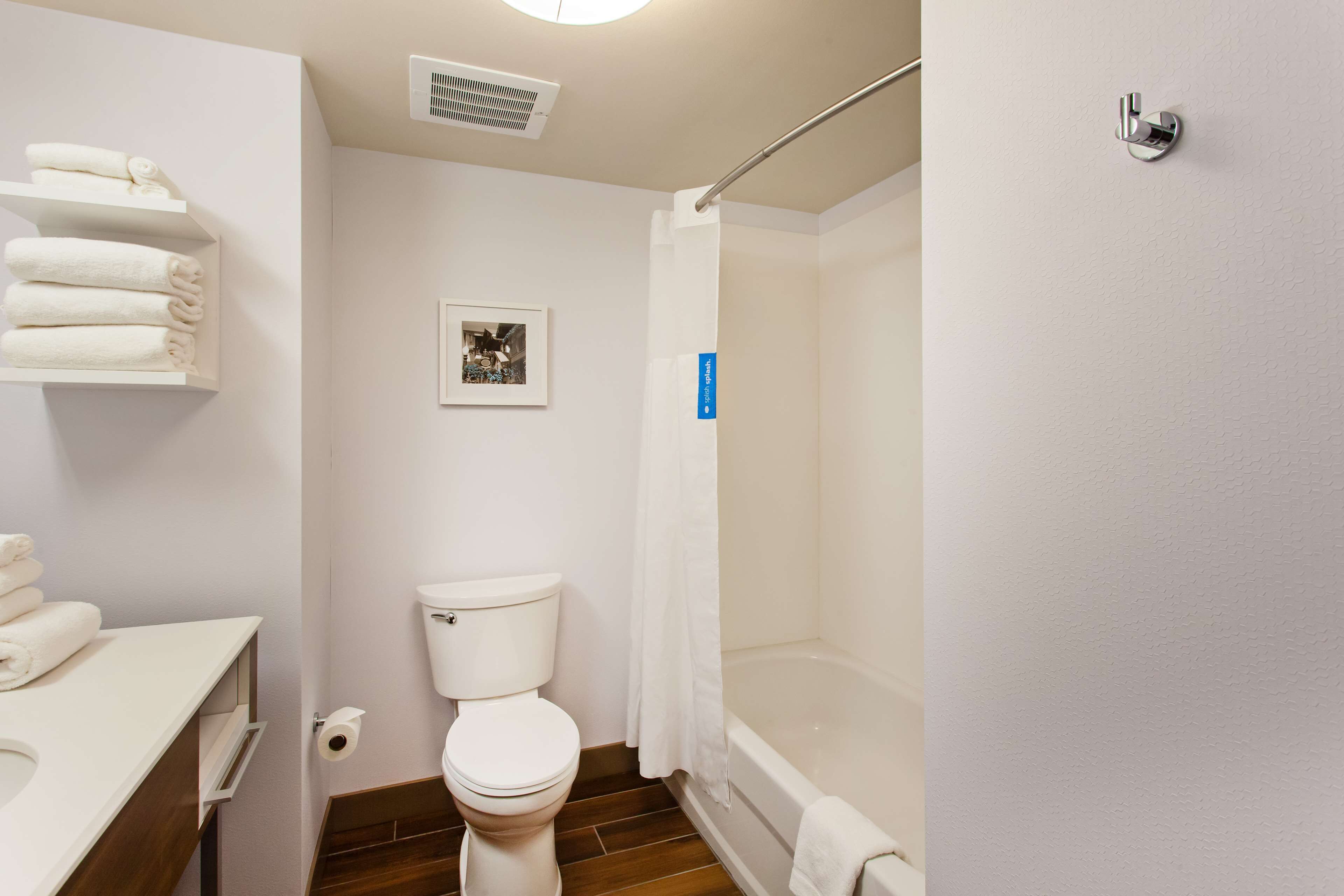 A bathroom with a toilet, a shower with a glass door, a towel rack, and a picture on the wall.