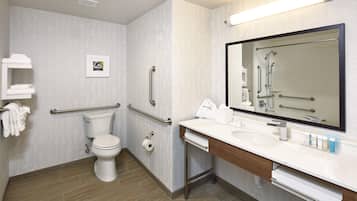 Ein modernes Badezimmer mit Toilette, Haltegriffen, einem Waschbecken mit Spiegel und einem Handtuchhalter.