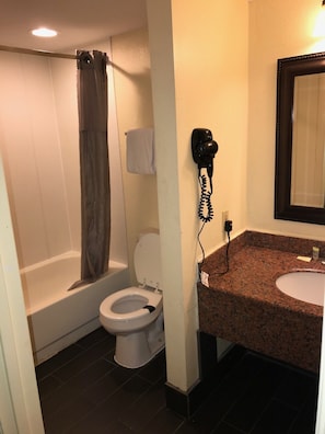 Combined shower/tub, free toiletries, hair dryer, towels