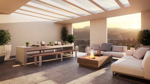 A modern outdoor living space with a patio table, benches, a sofa, and a coffee table. - Zip Housing El Golf (Santiago)