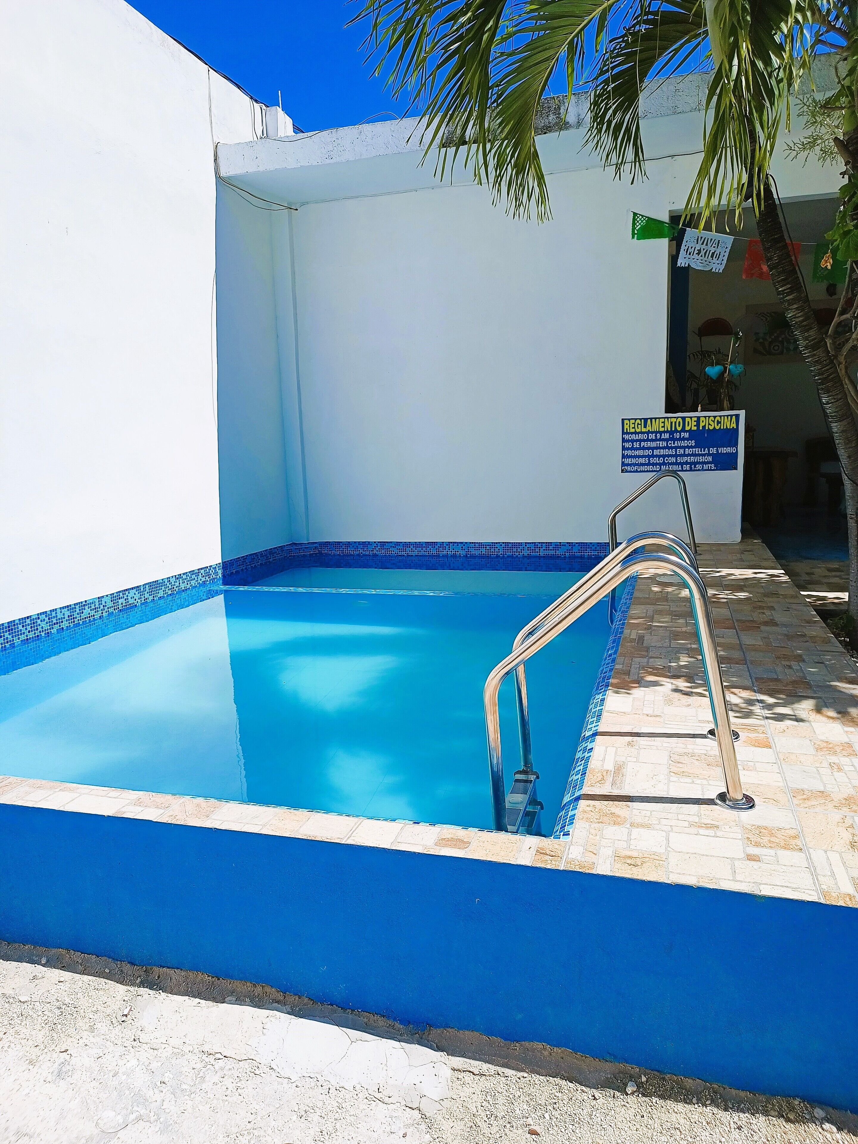 A swimming pool with a blue tiled edge, a metal ladder, and a sign with rules.