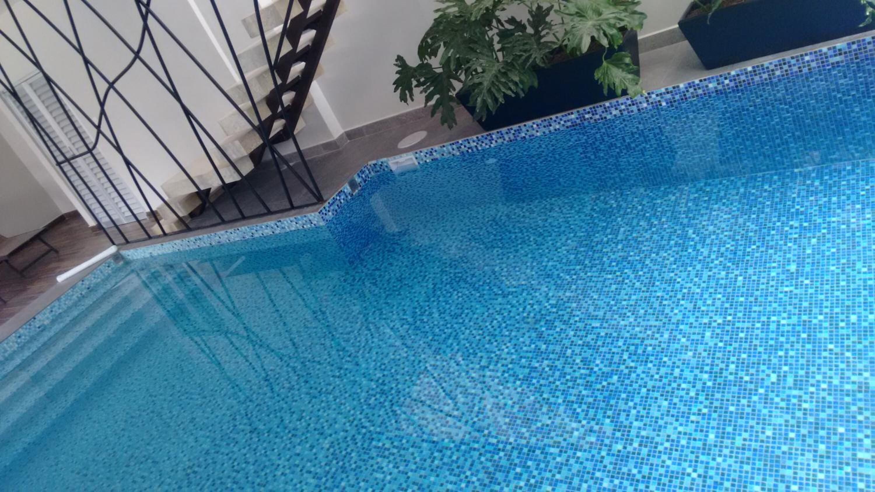Una piscina con mosaicos azules, una escalera con barandales negros y una planta en maceta.