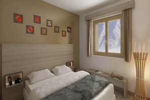 A hotel room with a bed, bedside tables, a window with a mountain view, and artwork on the wall. - Chalet in Paradiski with Spa & Pool Access (Plagne Villages)
