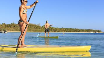 Two people on paddleboards in a calm body of water with a clear sky.
