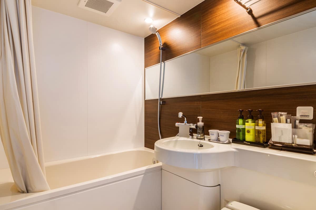 combined shower/bathtub, hair dryer, slippers, electronic bidet