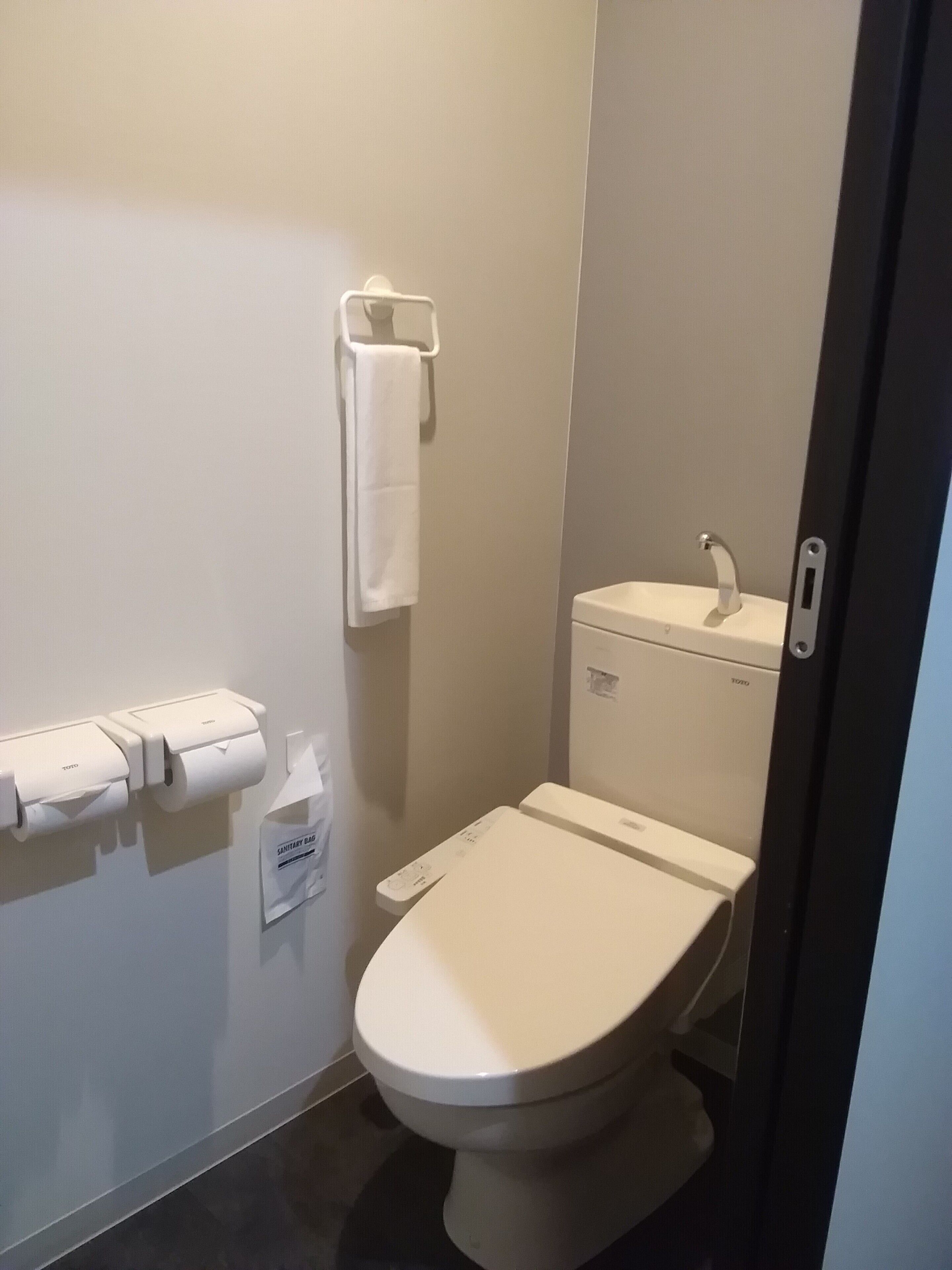 A small, modern bathroom with a toilet, a sink, and a towel rack.