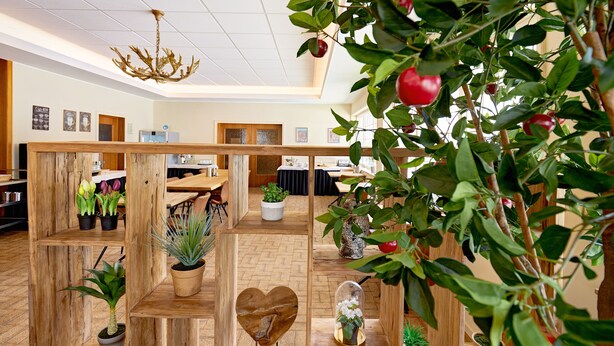 A spacious hotel lobby with wooden partitions, potted plants, and a chandelier. - Hotel Stadt Grevenbroich (Grevenbroich)