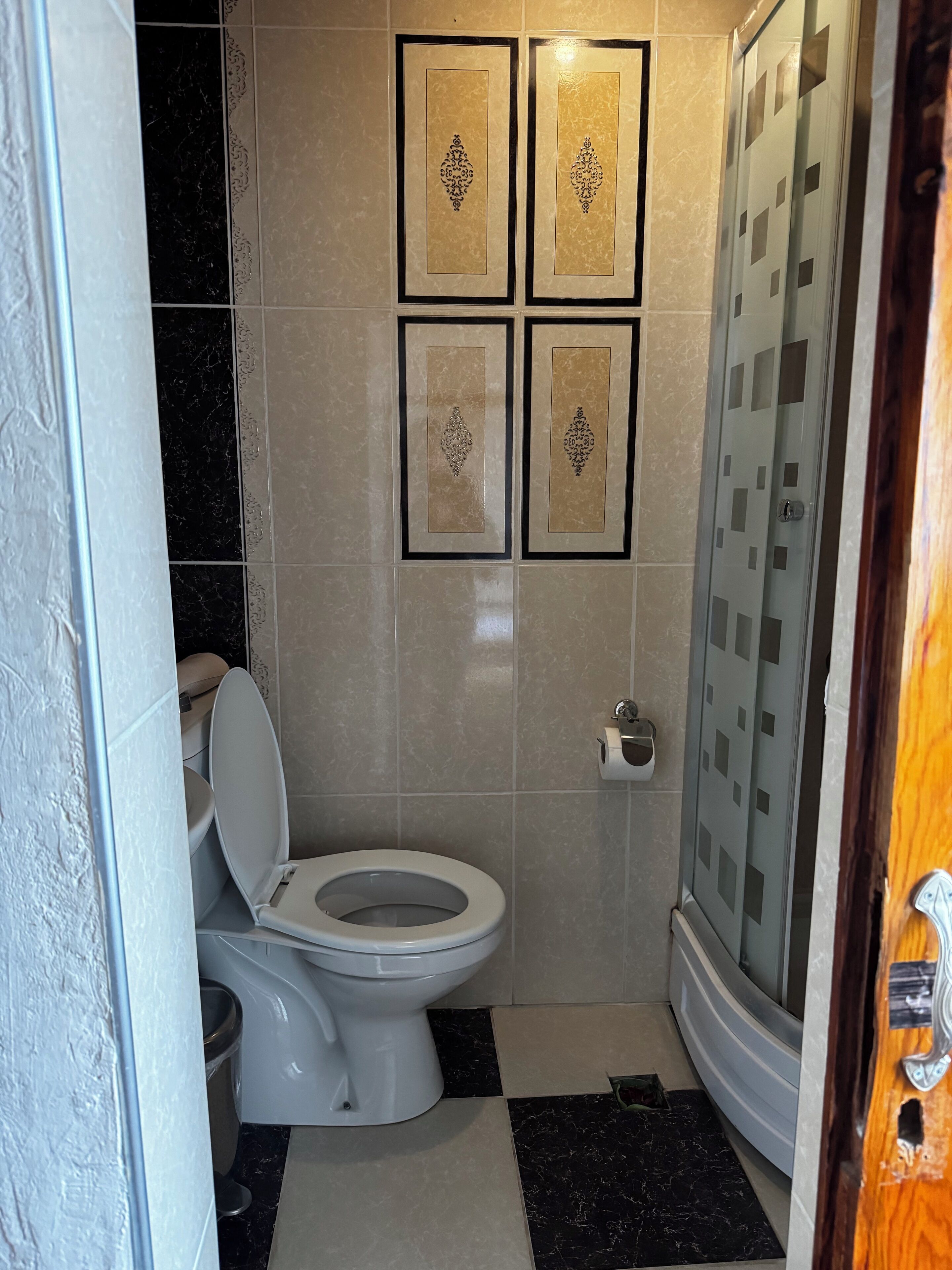 Un baño con inodoro, ducha con puerta de cristal y azulejos decorativos.