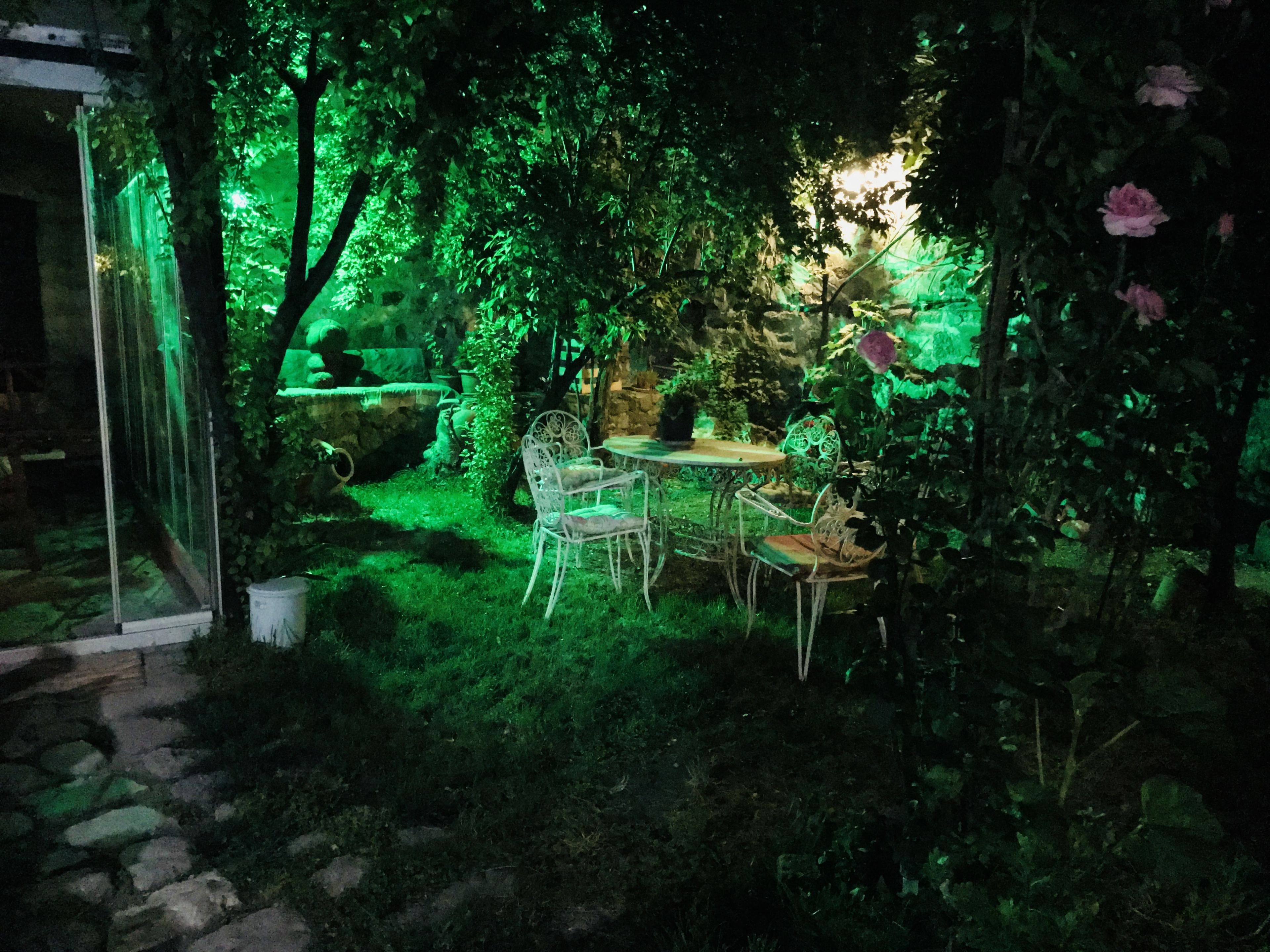 A garden with a table and chairs, surrounded by greenery and a stone wall.