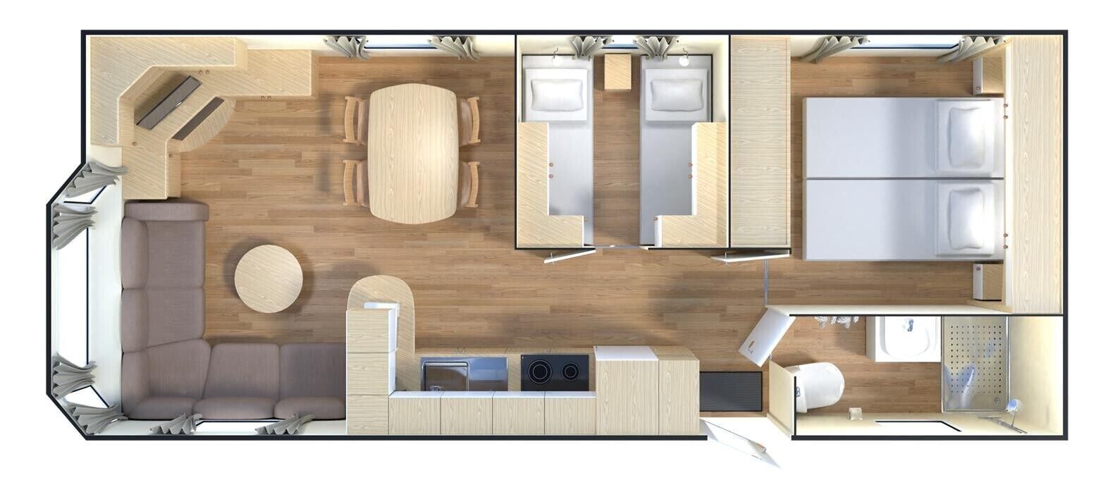 A modern, compact living space with a dining area, kitchenette, two bedrooms, and a bathroom.