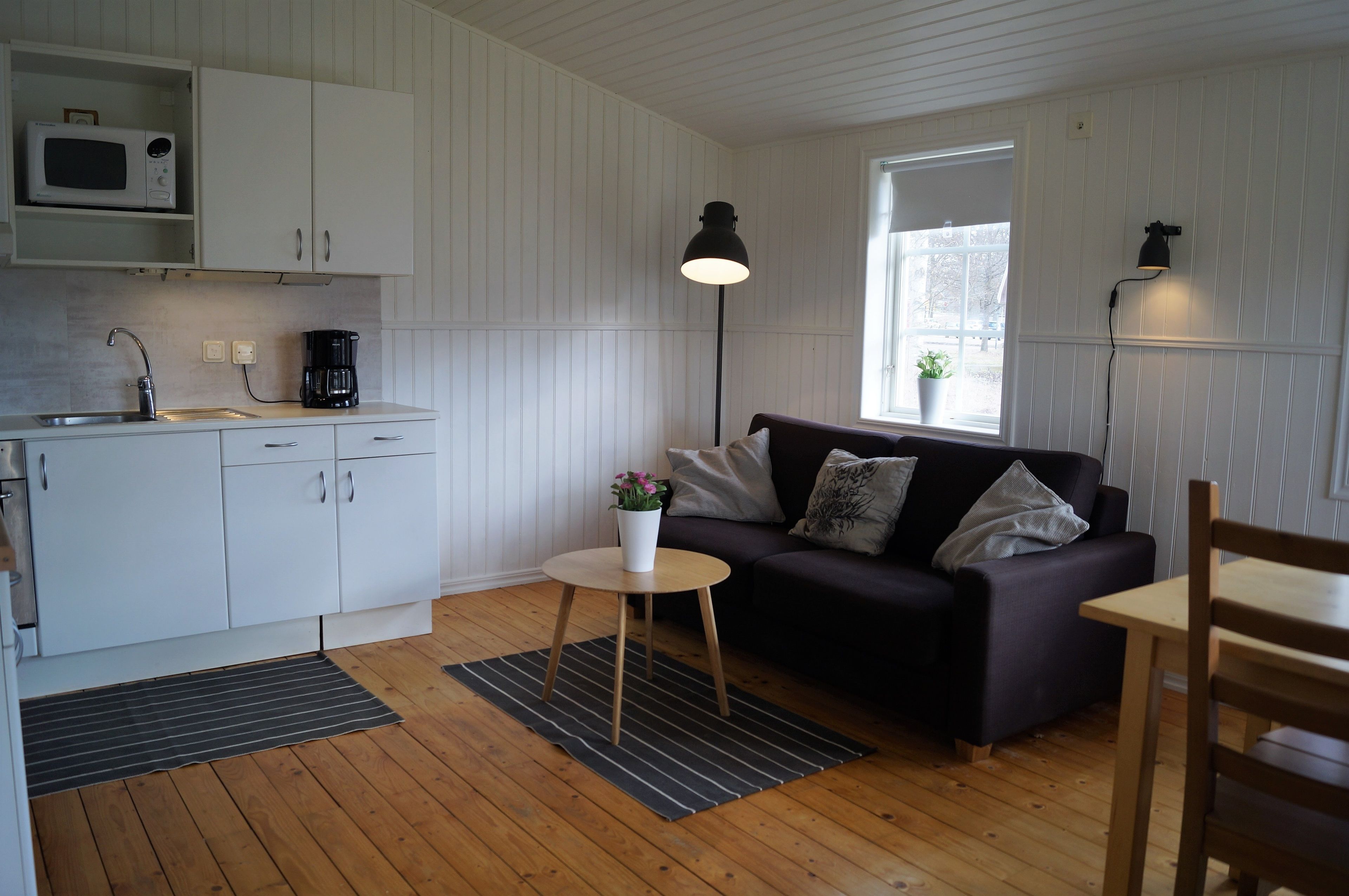 A compact living space with a kitchenette, a dark-colored sofa, a small round table with a potted plant, and a floor lamp.