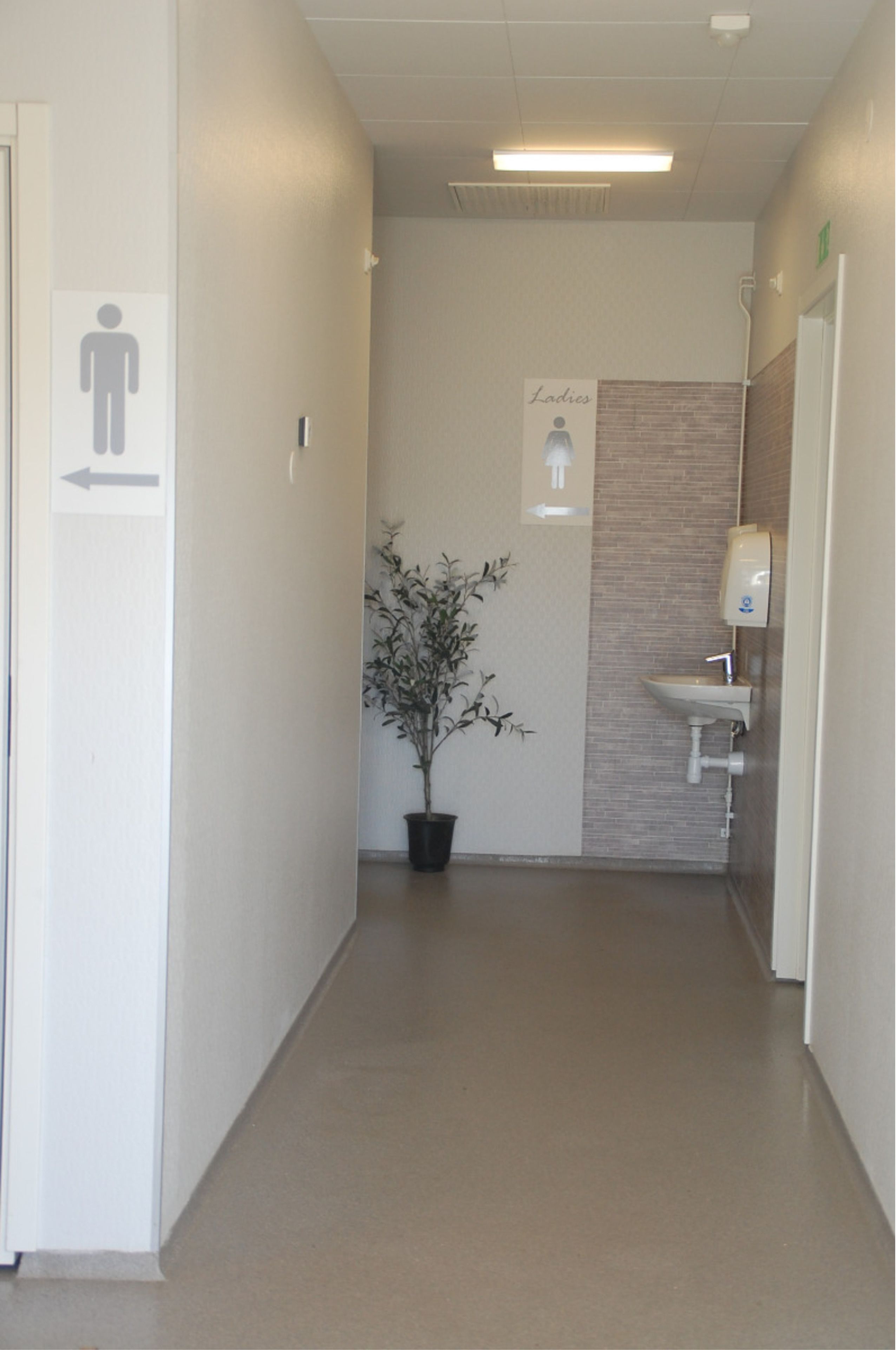 A hallway with a directional sign, a potted plant, a sink, and a sign indicating ladies' facilities.