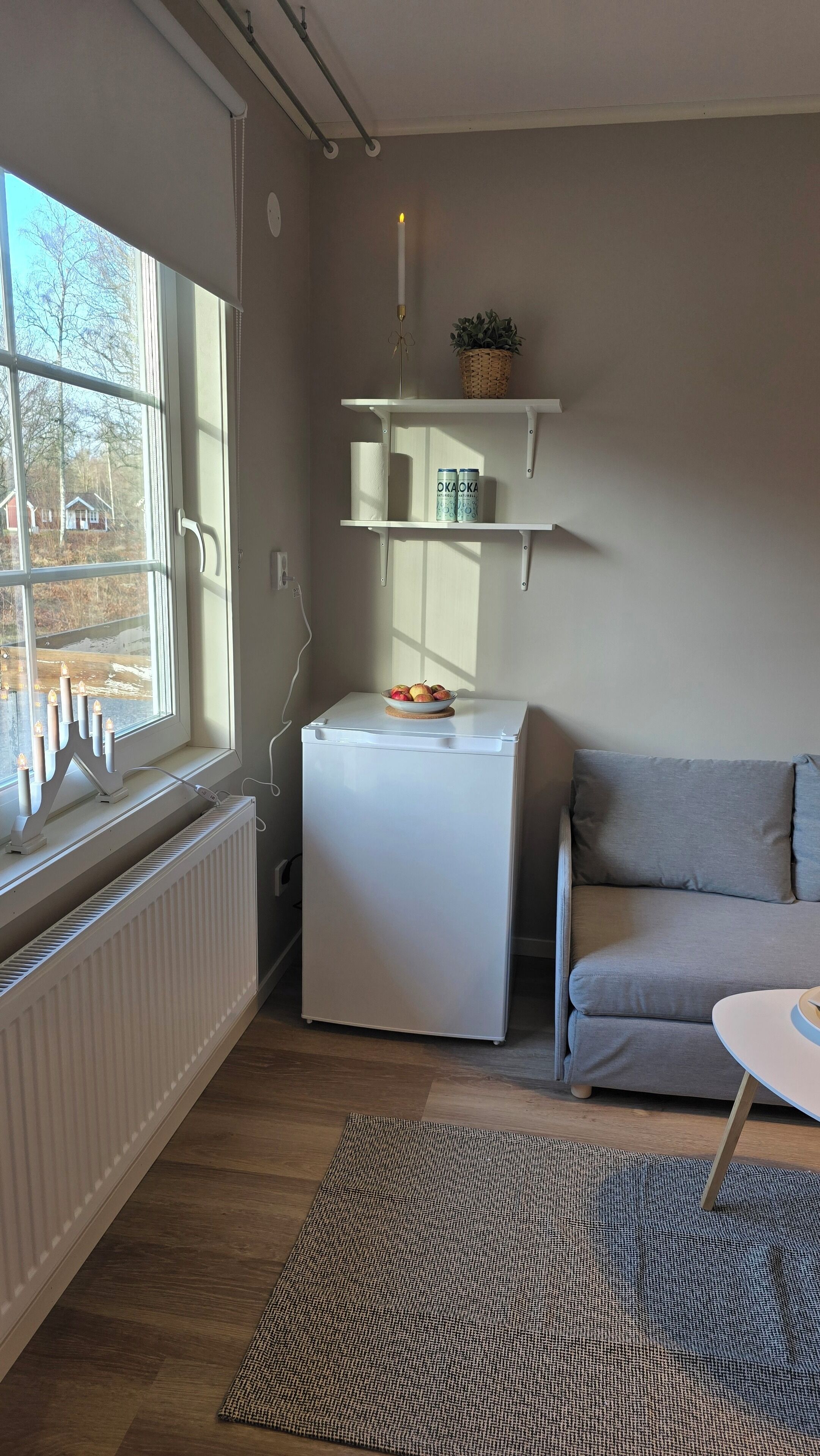 A compact living space with a white radiator, a small white appliance, a grey sofa, a white table, and a window with a view of houses and trees.