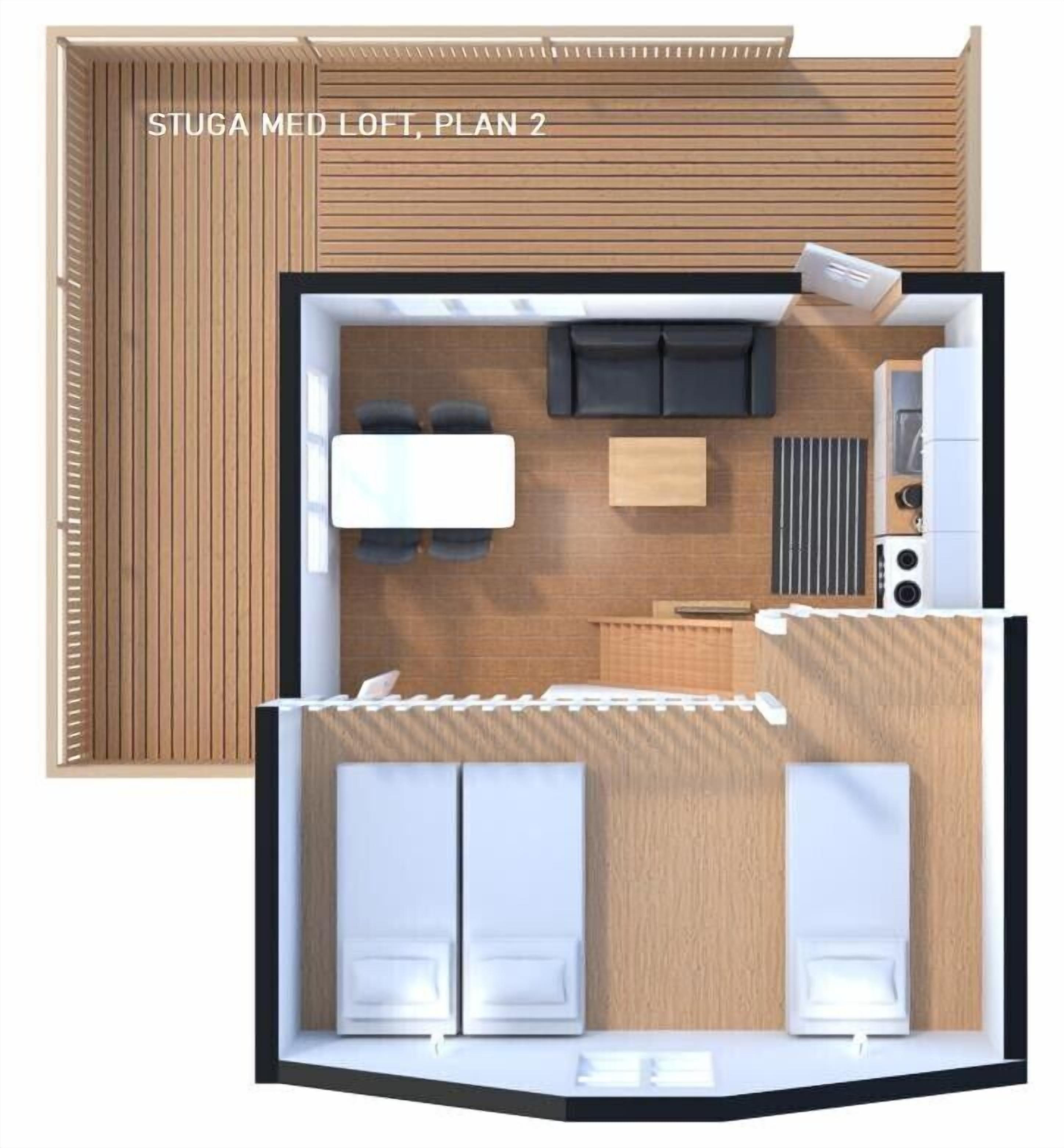 Ein Grundriss eines kompakten Studios mit Küchenzeile, einer kleinen Sitzecke und einem Bett.