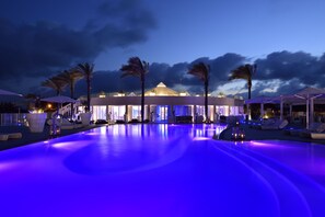 Seasonal outdoor pool, pool umbrellas, pool loungers