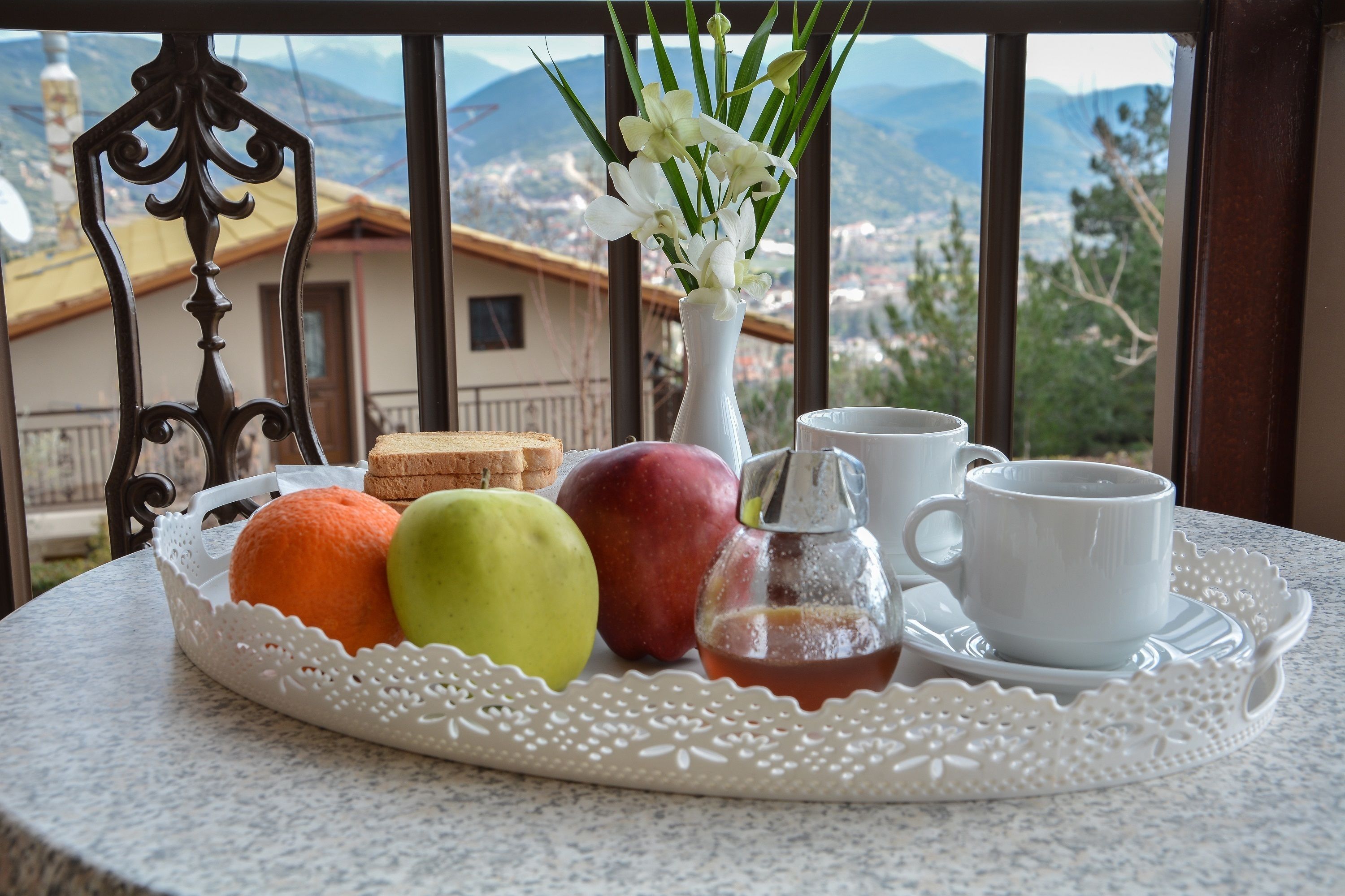 A tray with fruits, a vase with flowers, and cups on a table with a view of mountains.