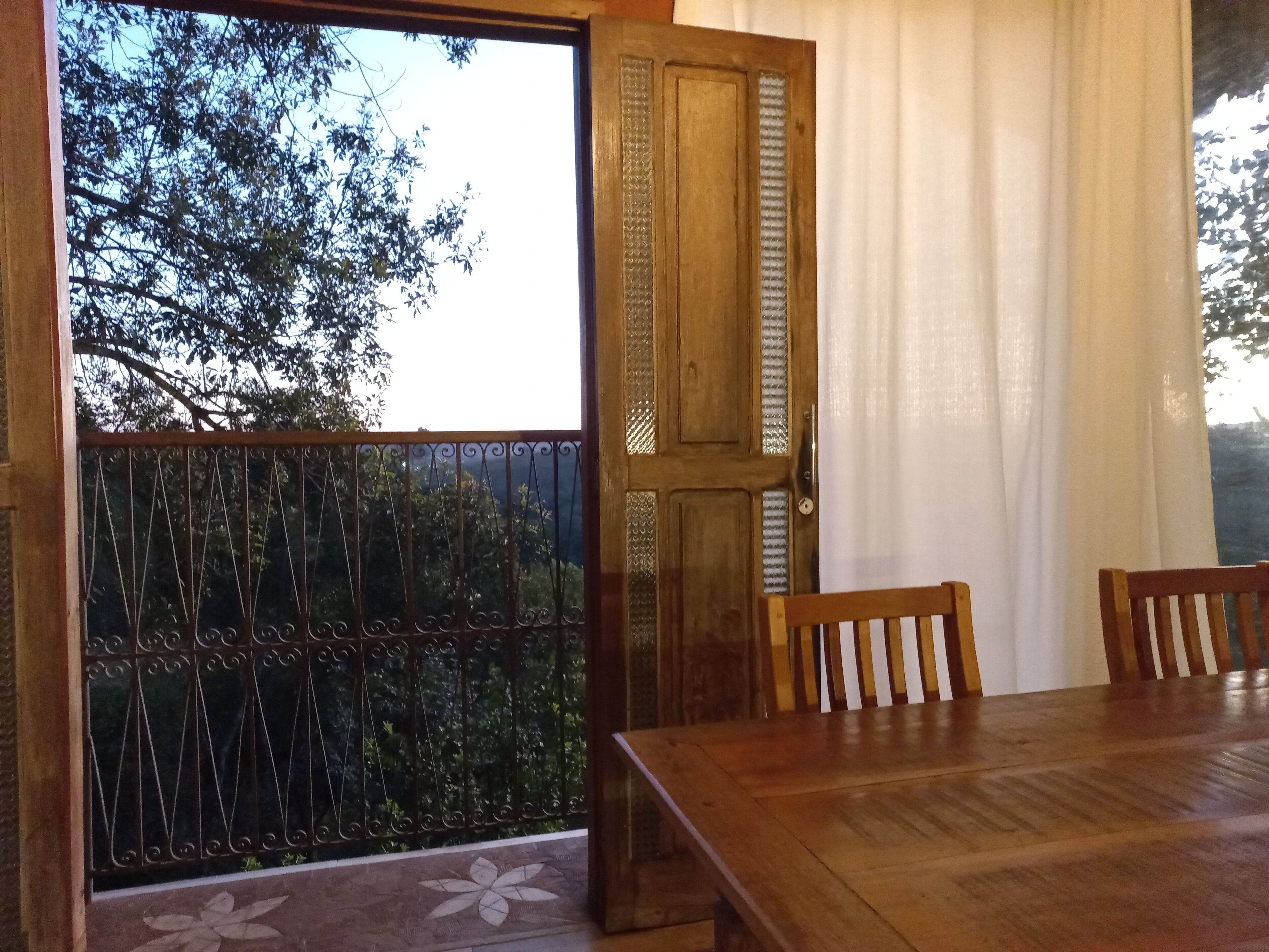 An open wooden door with a metal gate leading to a balcony with a view of trees.