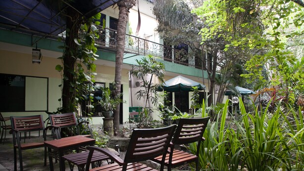 An outdoor seating area with wooden tables and chairs, surrounded by potted plants and a palm tree. - RedDoorz near Juanda International Airport (Sidoarjo)