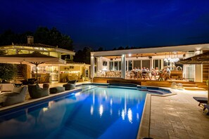 Outdoor pool, pool umbrellas, pool loungers