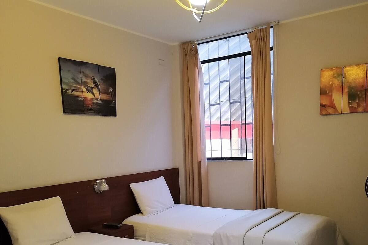 Habitación económica, 2 camas individuales | Tabla de planchar con plancha, wifi gratis y ropa de cama