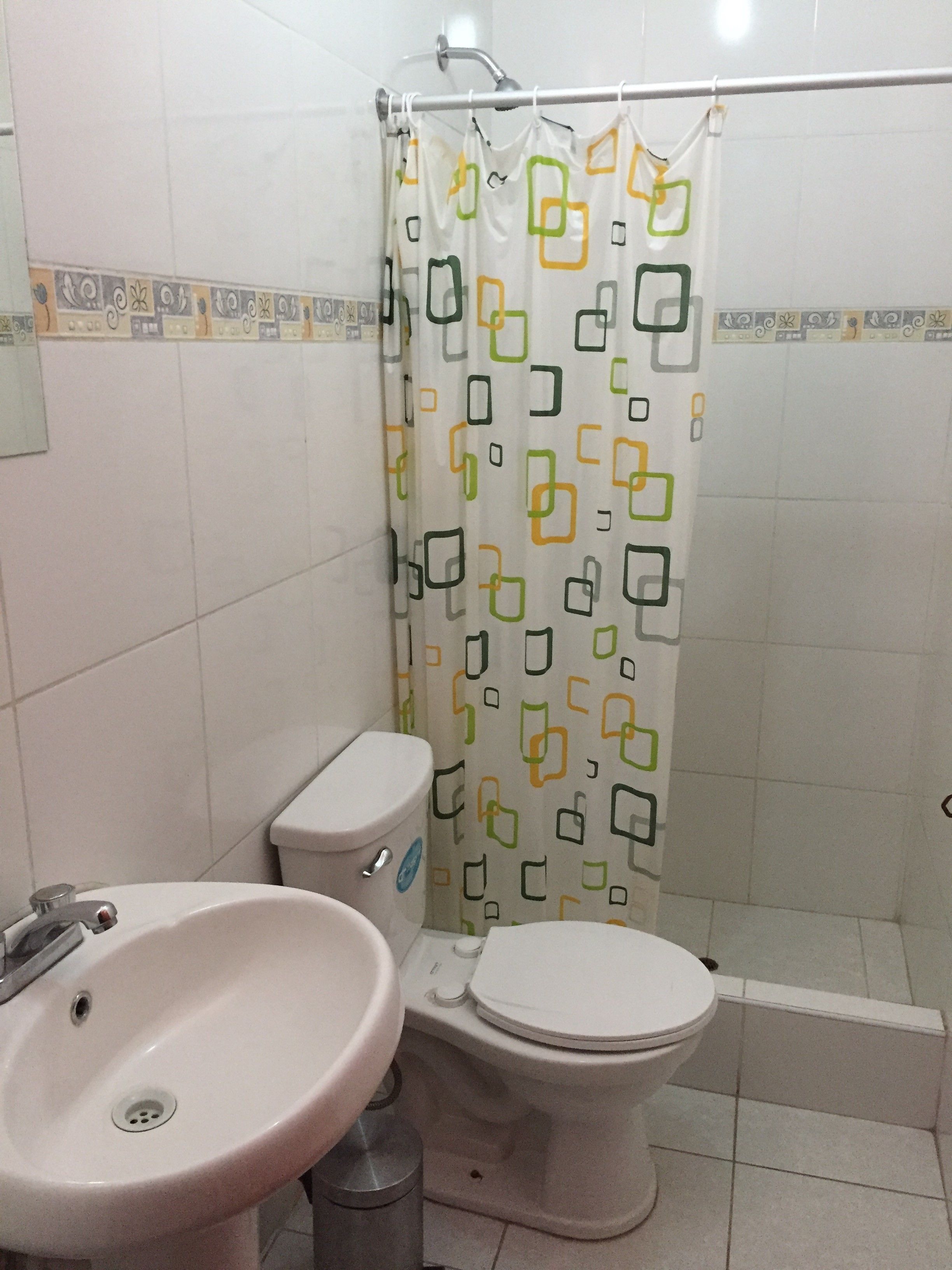 A bathroom with a toilet, sink, and shower curtain.