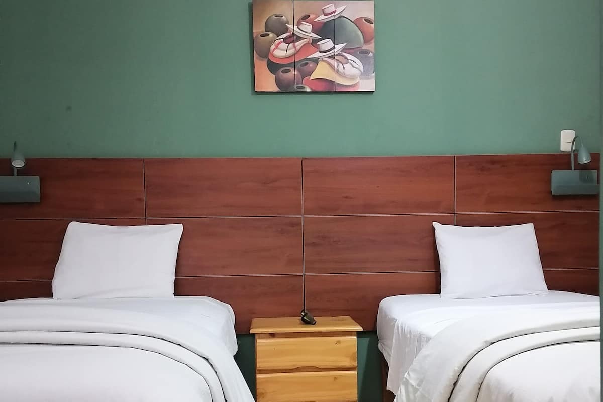 Habitación económica con 2 camas individuales | Tabla de planchar con plancha, wifi gratis y ropa de cama