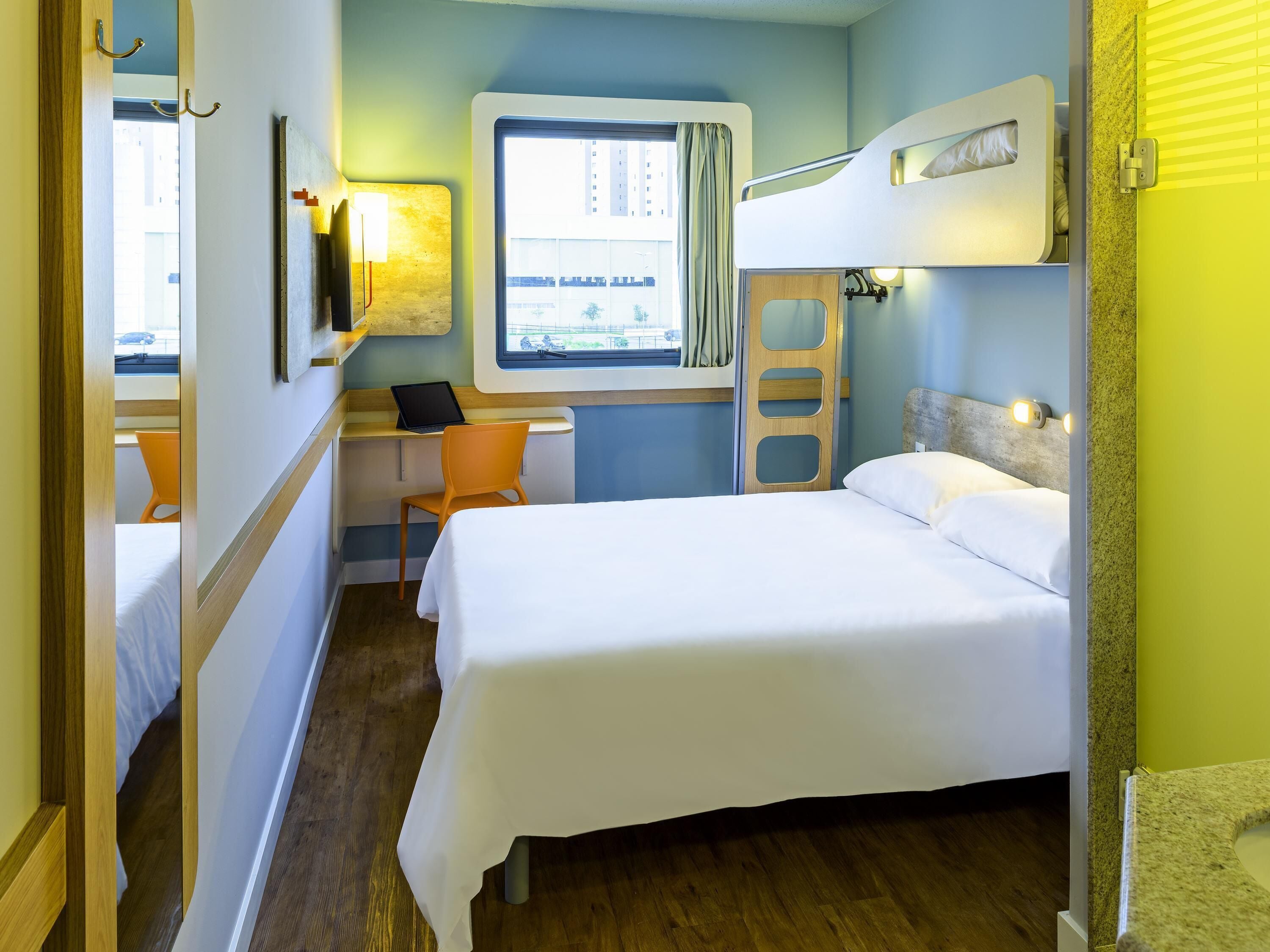 Individually decorated, desk, laptop workspace, blackout curtains