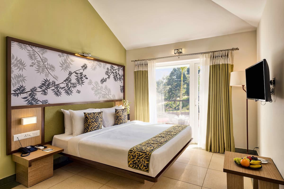 A hotel room with a large bed, a bedside table with a lamp, a TV mounted on the wall, and a view of the outdoors through the window.