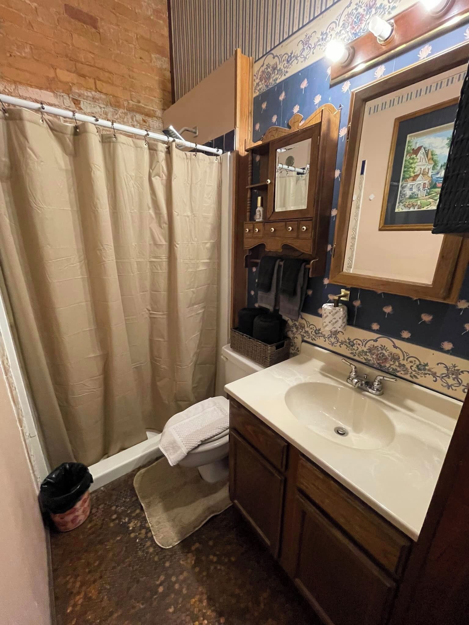 Une salle de bain avec un rideau de douche, un lavabo, un miroir et un tableau encadré au mur.