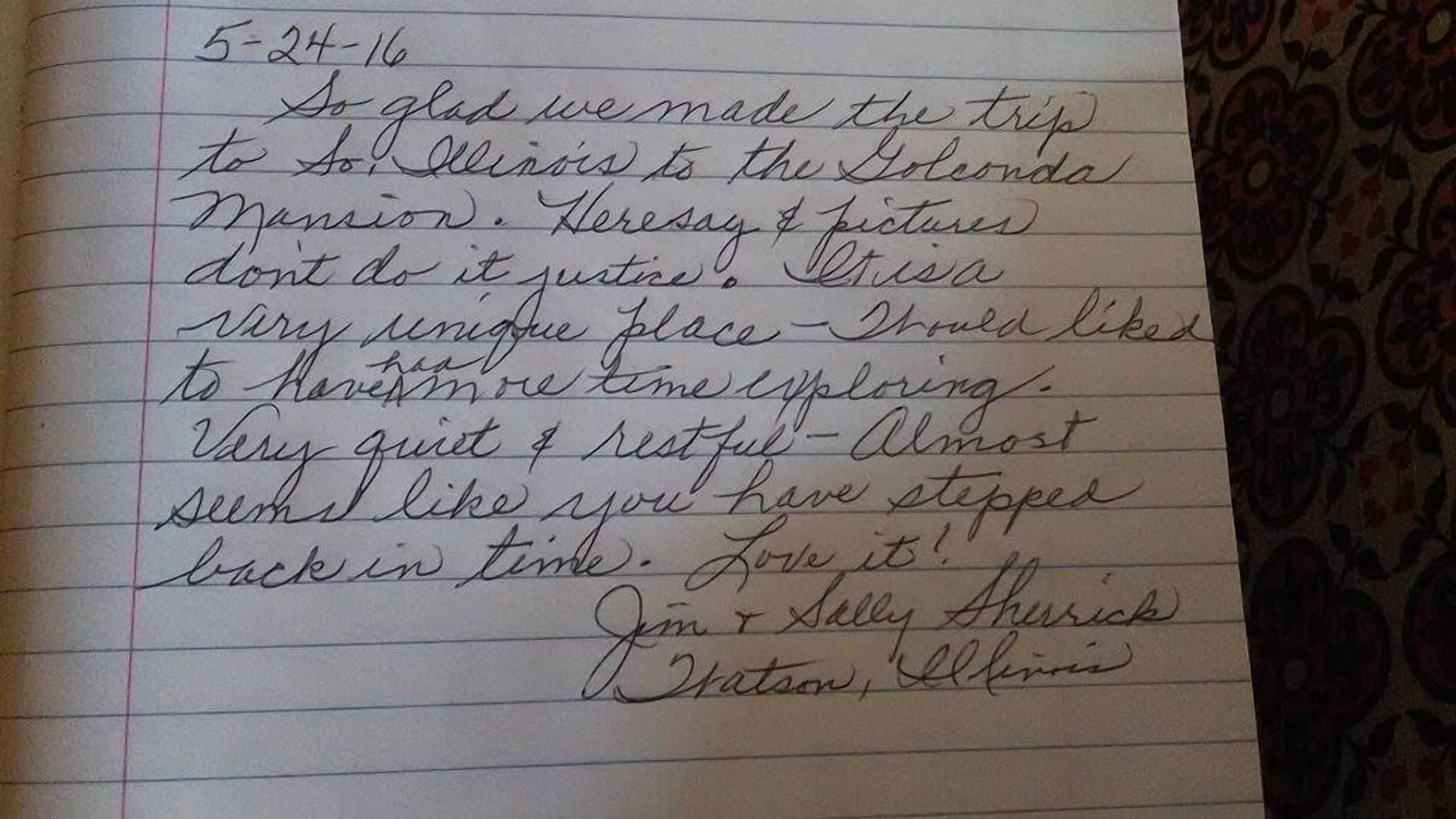 A handwritten note dated 5-24-16, expressing gratitude for a trip to So. Illinois and the Loloonda Mission, mentioning the unique and quiet place, and signed by Jim & Kelly Sherrick.